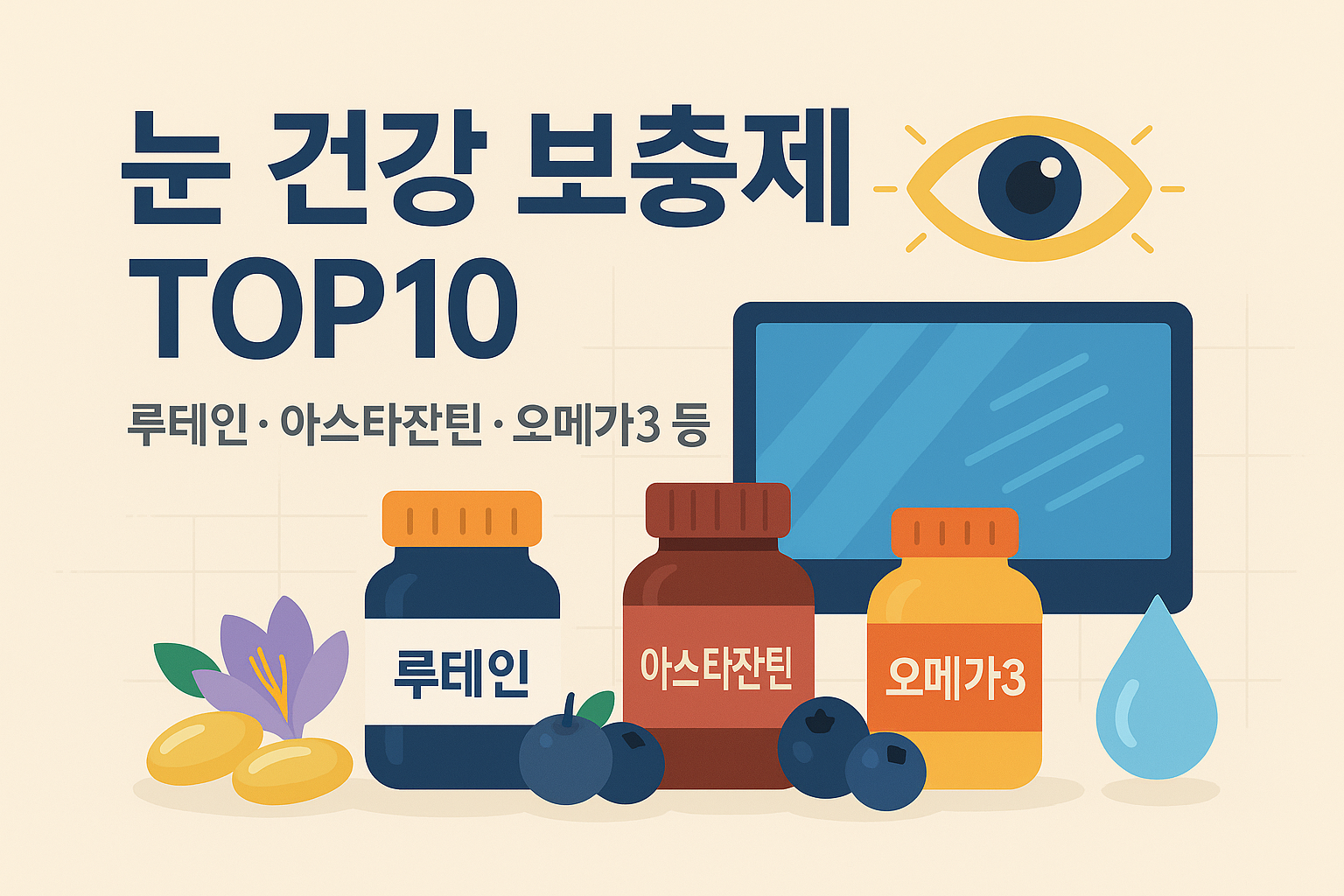 눈 건강 보충제 TOP10 — 루테인, 아스타잔틴, 빌베리(블루베리), 오메가3 등 핵심 성분을 요약한 대표 이미지