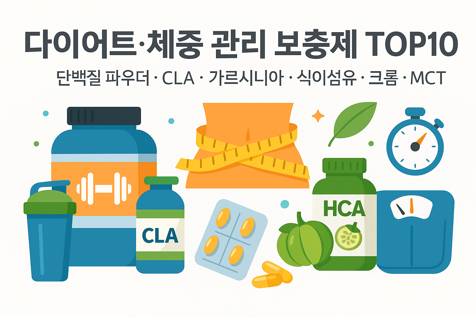 다이어트·체중 관리 보충제 TOP10 — CLA, 가르시니아, 단백질 파우더, 식이섬유 등 핵심 성분을 요약한 대표 이미지