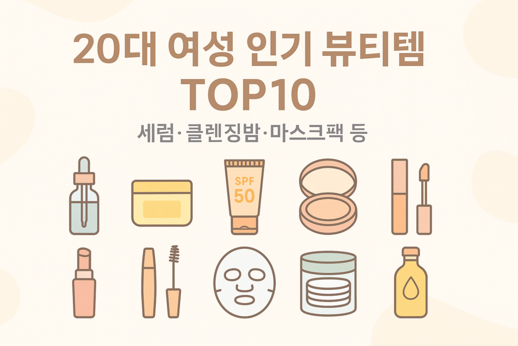 20대 여성 인기 뷰티템 TOP10 대표 이미지 — 세럼·클렌징밤·선크림·쿠션·컨실러·립·브로우·마스크팩·토너패드·헤어케어