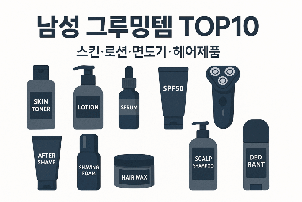 남성 그루밍템 TOP10 대표 이미지 — 스킨·로션·면도기·선크림·헤어 왁스·두피 케어