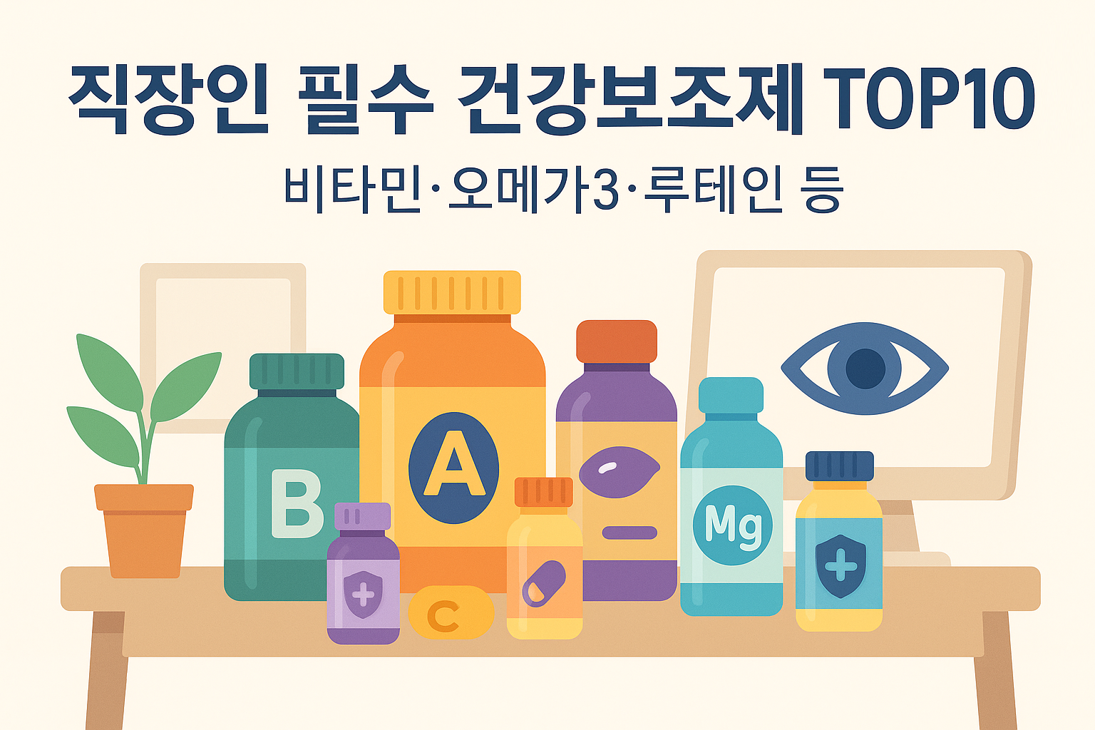 직장인 필수 건강보조제 TOP10 — 비타민, 오메가3, 루테인 등 핵심 영양소 요약 일러스트