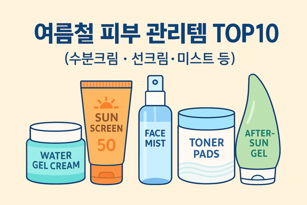 여름철 피부 관리템 TOP10: 선크림·수분크림·미스트 등 핵심 제품 아이콘을 담은 대표 이미지(SPF50/PA++++, 자외선 차단, 수분·진정·유분 컨트롤)