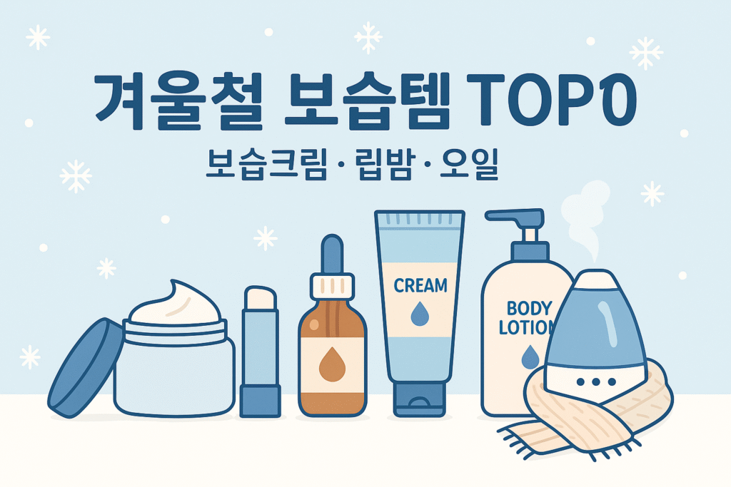 겨울철 보습템 TOP10 대표 이미지 — 보습크림·히알루론산 앰플·스쿠알란 오일·립밤·바디로션 등과 ‘수분→장벽→오클루전’ 레이어링