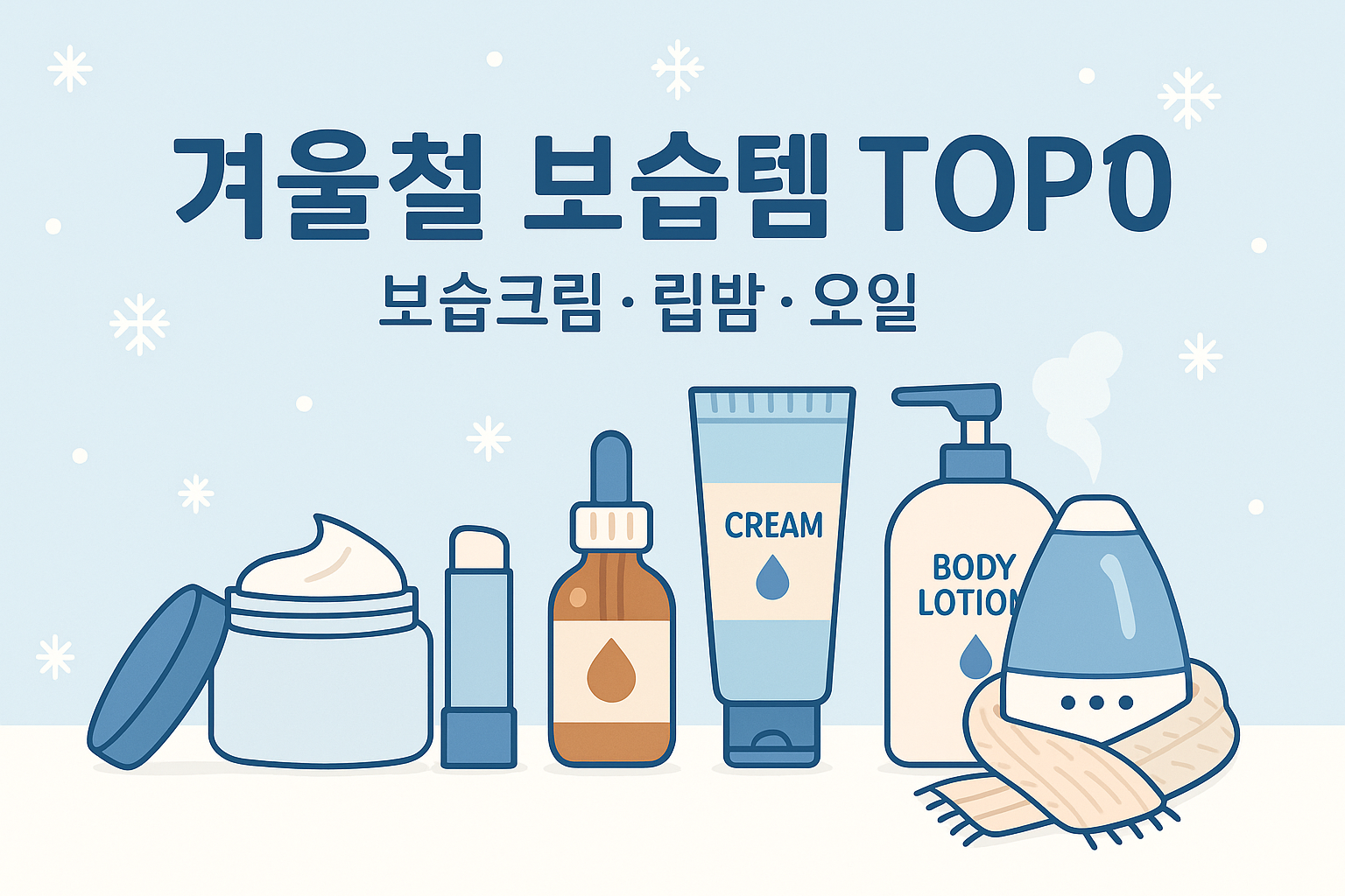 겨울철 보습템 TOP10 대표 이미지 — 보습크림·히알루론산 앰플·스쿠알란 오일·립밤·바디로션 등과 ‘수분→장벽→오클루전’ 레이어링