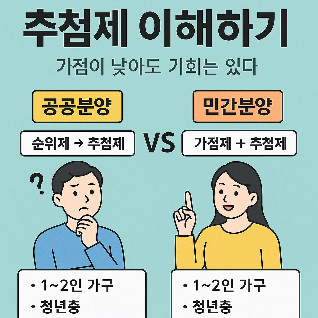 공공분양과 민간분양의 차이와 추첨제 기회를 설명하는 한국어 인포그래픽