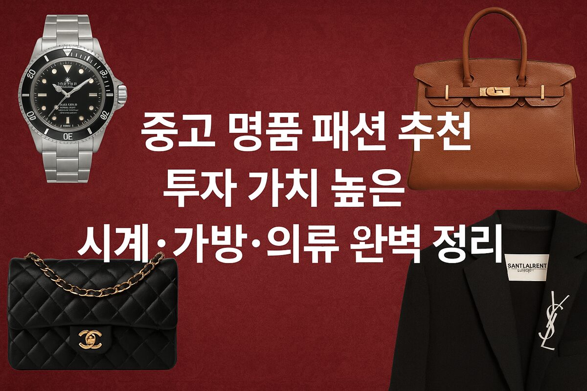 중고 명품 패션 대표 이미지 - 롤렉스 시계, 샤넬 가방, 구찌 지갑, 프라다 의류, 디올 주얼리 등 고급스러운 아이템이 조화롭게 배치된 패셔너블한 분위기