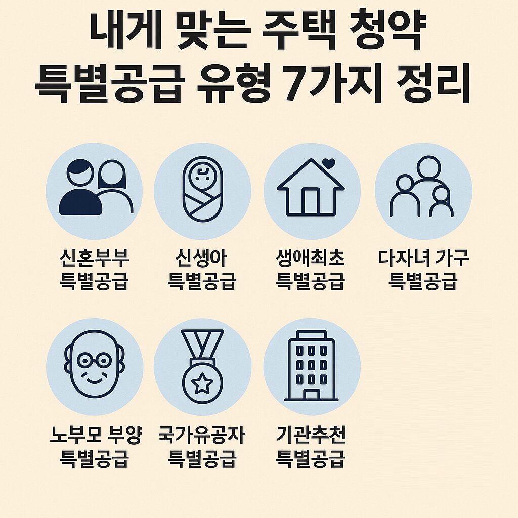 청약 특별공급 7가지 유형 요약 인포그래픽 - 신혼부부, 생애최초, 다자녀, 신생아, 노부모, 국가유공자, 기관추천 조건 비교