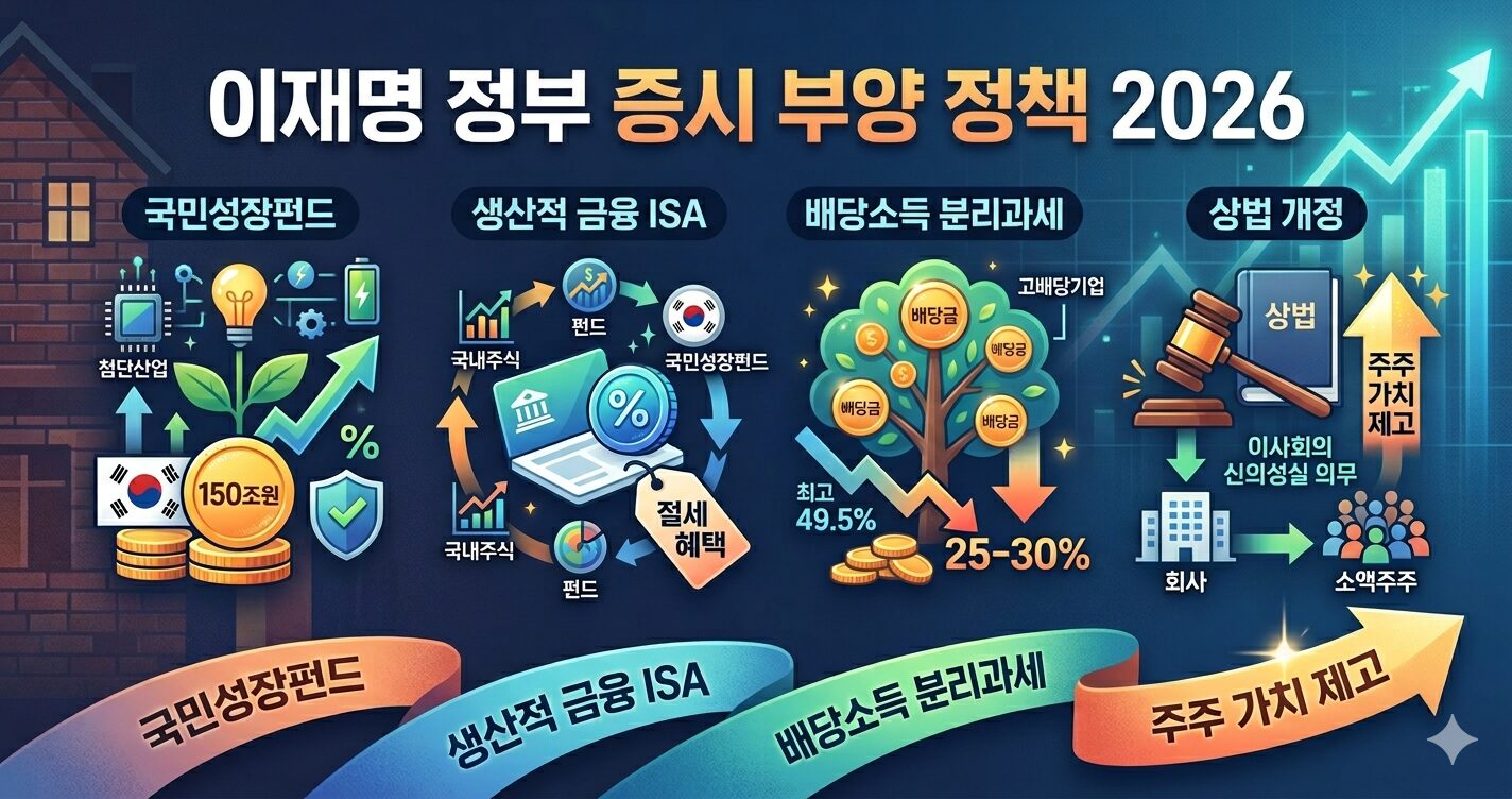 2026년 이재명 정부의 증시 부양 정책 핵심 요약 인포그래픽. 국민성장펀드, 생산적 금융 ISA, 배당소득 분리과세 등 주요 정책 변화를 시각적으로 정리한 이미지입니다.